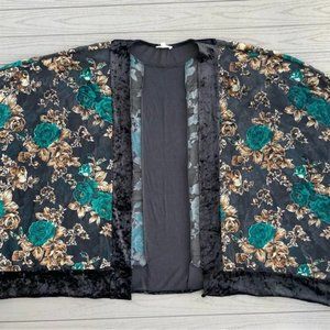 Black Tan Teal Velour Floral